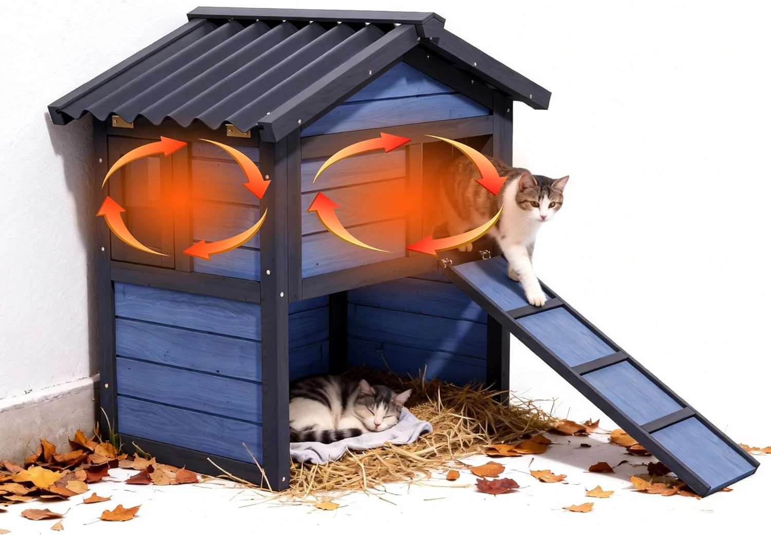 Cat House with Insulated Weatherproof Feral Cat Shelter for Winter, Elevated Wood Small Animal Insulated Condos