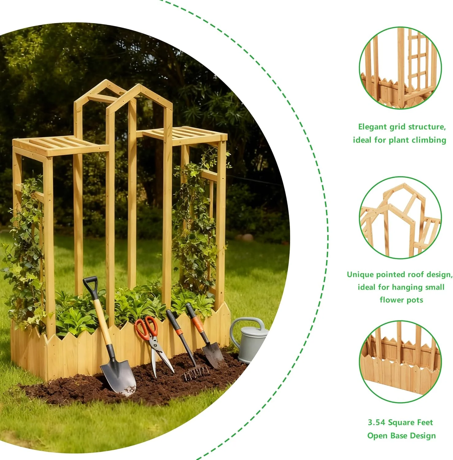 Garden Bed with Arch Trellis, Wood Planter Box with Hanging Roof, Garden Bed for Outdoor Climbing Plants Vines Patio - Image 5