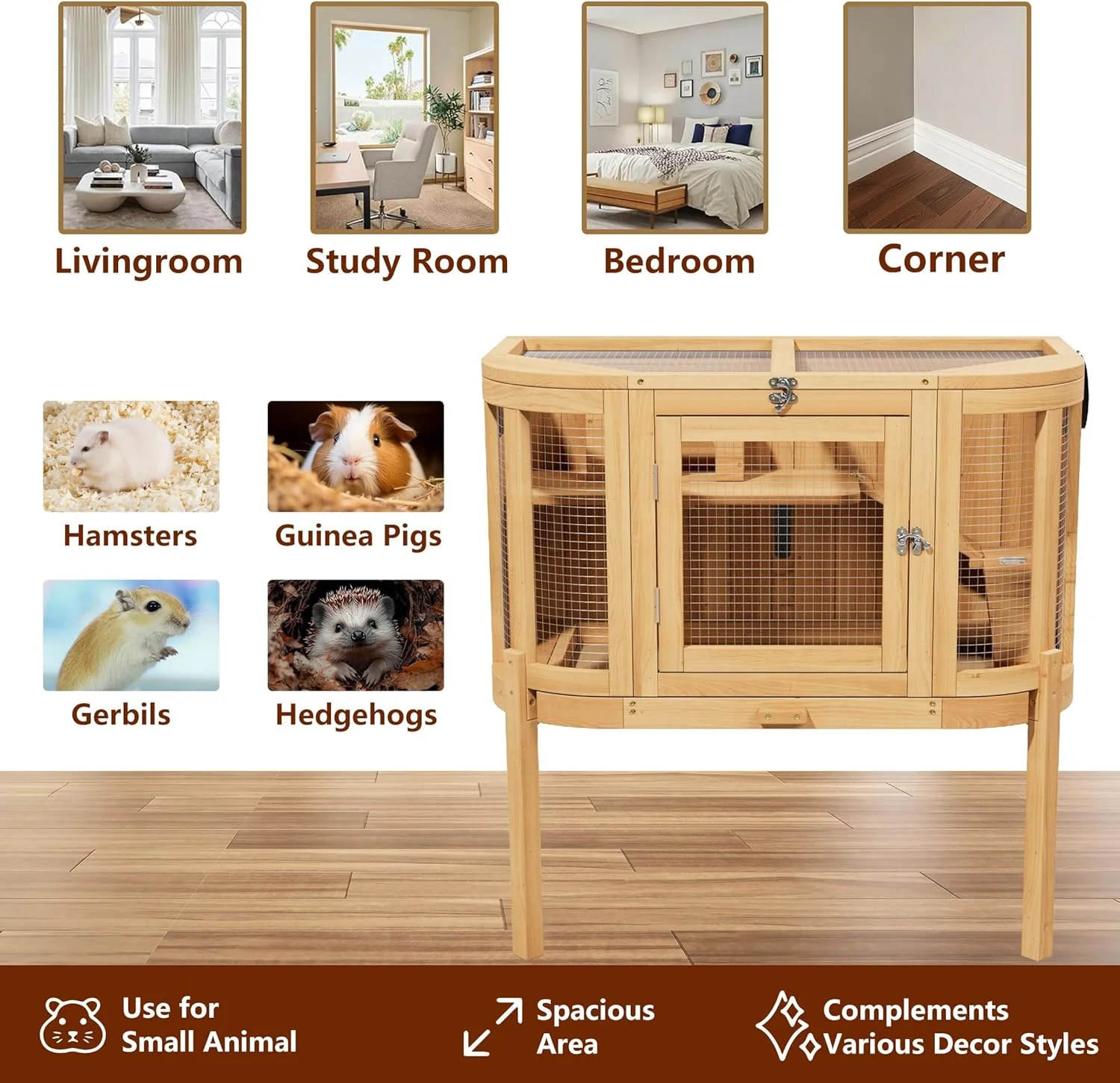 Hamster Cage with 4 Detachable Elevated Leg Stands, Guinea Pig Cages Chew Proof, Openable Mesh Top Small Animal Habitat for Hedgehog, Wooden Hamster House and Habitats with Pull-Out Cleaning Tray - Image 3
