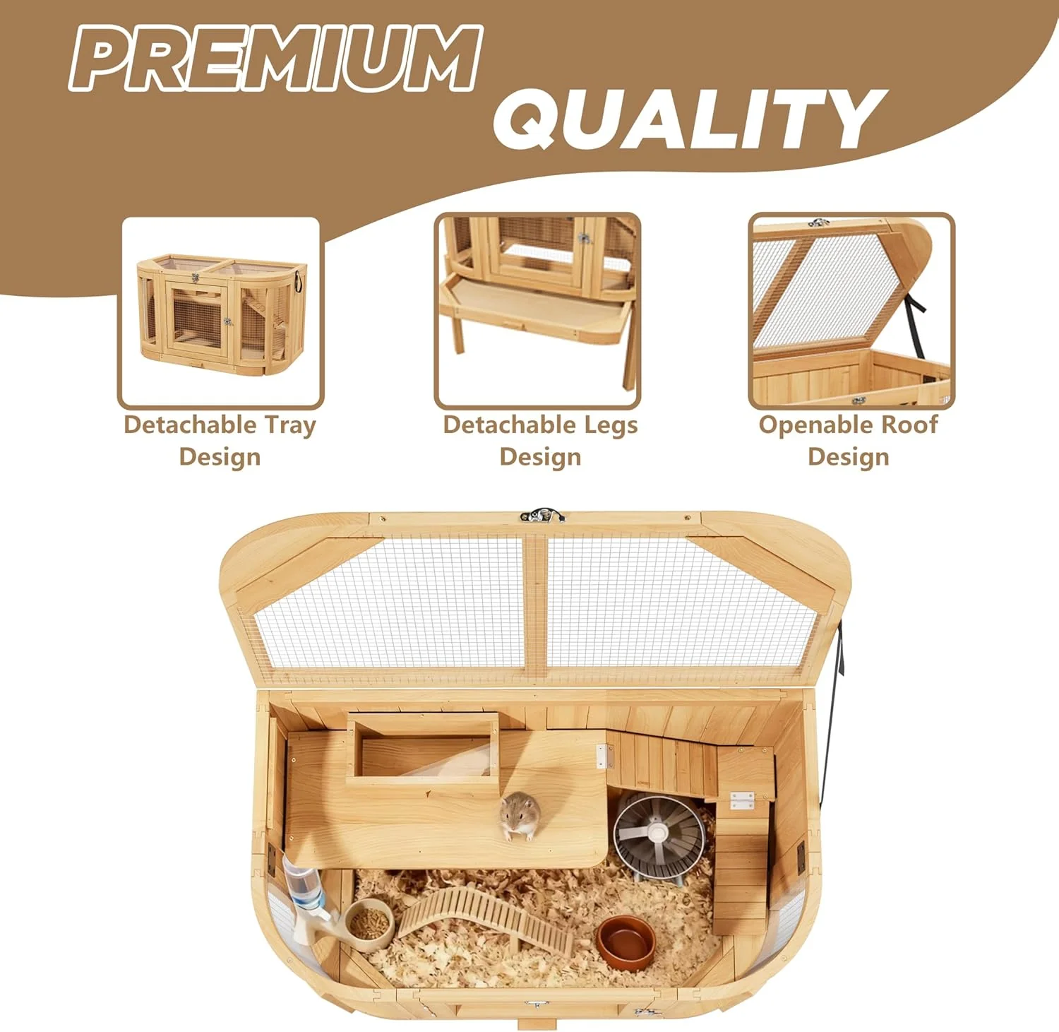 Hamster Cage with 4 Detachable Elevated Leg Stands, Guinea Pig Cages Chew Proof, Openable Mesh Top Small Animal Habitat for Hedgehog, Wooden Hamster House and Habitats with Pull-Out Cleaning Tray - Image 4
