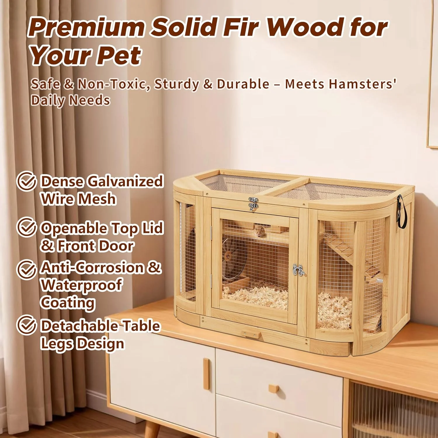 Hamster Cage with 4 Detachable Elevated Leg Stands, Guinea Pig Cages Chew Proof, Openable Mesh Top Small Animal Habitat for Hedgehog, Wooden Hamster House and Habitats with Pull-Out Cleaning Tray - Image 5