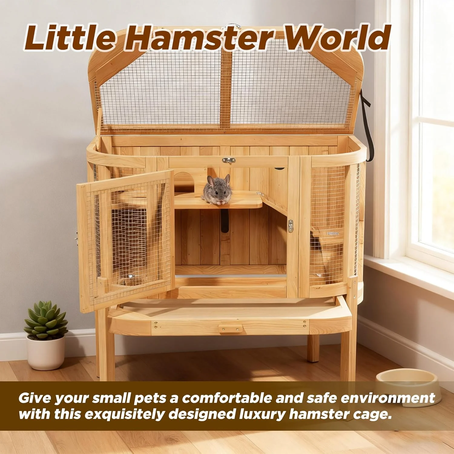 Hamster Cage with 4 Detachable Elevated Leg Stands, Guinea Pig Cages Chew Proof, Openable Mesh Top Small Animal Habitat for Hedgehog, Wooden Hamster House and Habitats with Pull-Out Cleaning Tray - Image 7