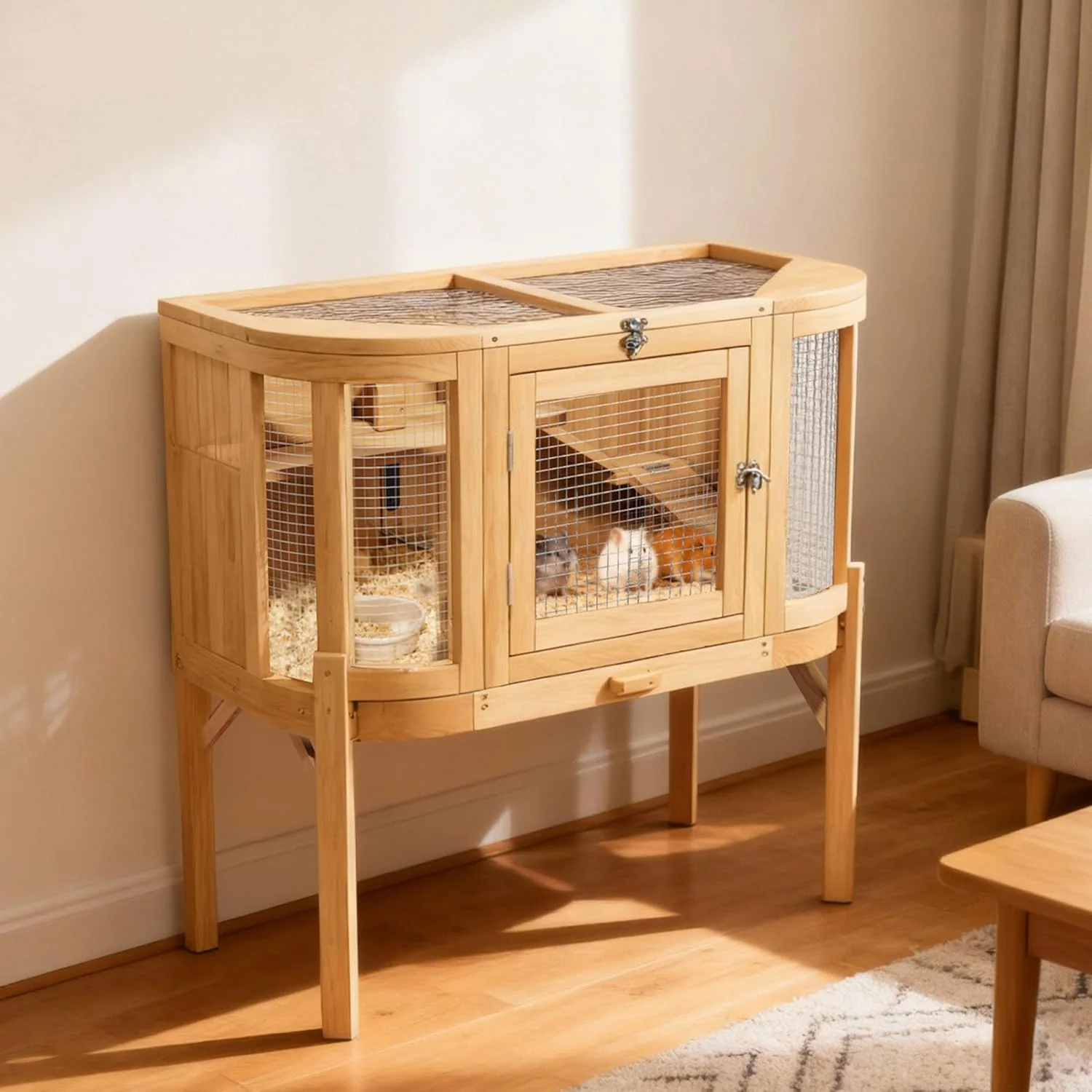 Hamster Cage with 4 Detachable Elevated Leg Stands, Guinea Pig Cages Chew Proof, Openable Mesh Top Small Animal Habitat for Hedgehog, Wooden Hamster House and Habitats with Pull-Out Cleaning Tray - Image 9
