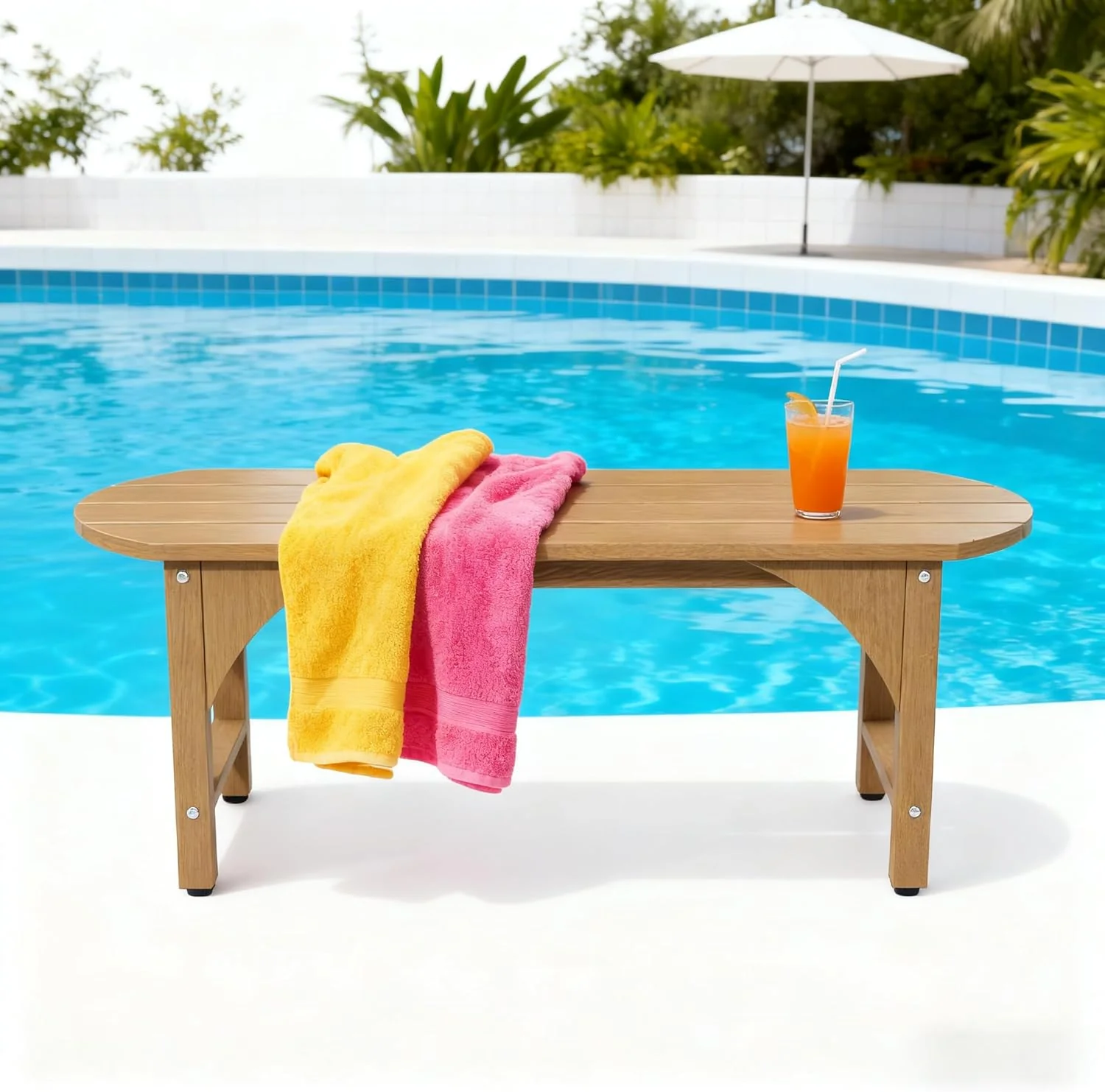 HIPS Patio Garden Bench Furniture,Shower Chair,All Weather Used 2-Person Park Bench with Wood Grains for Lawn，Porch, Garden,Backyard，Entryway,Outside，Easy Assembly (Wood)