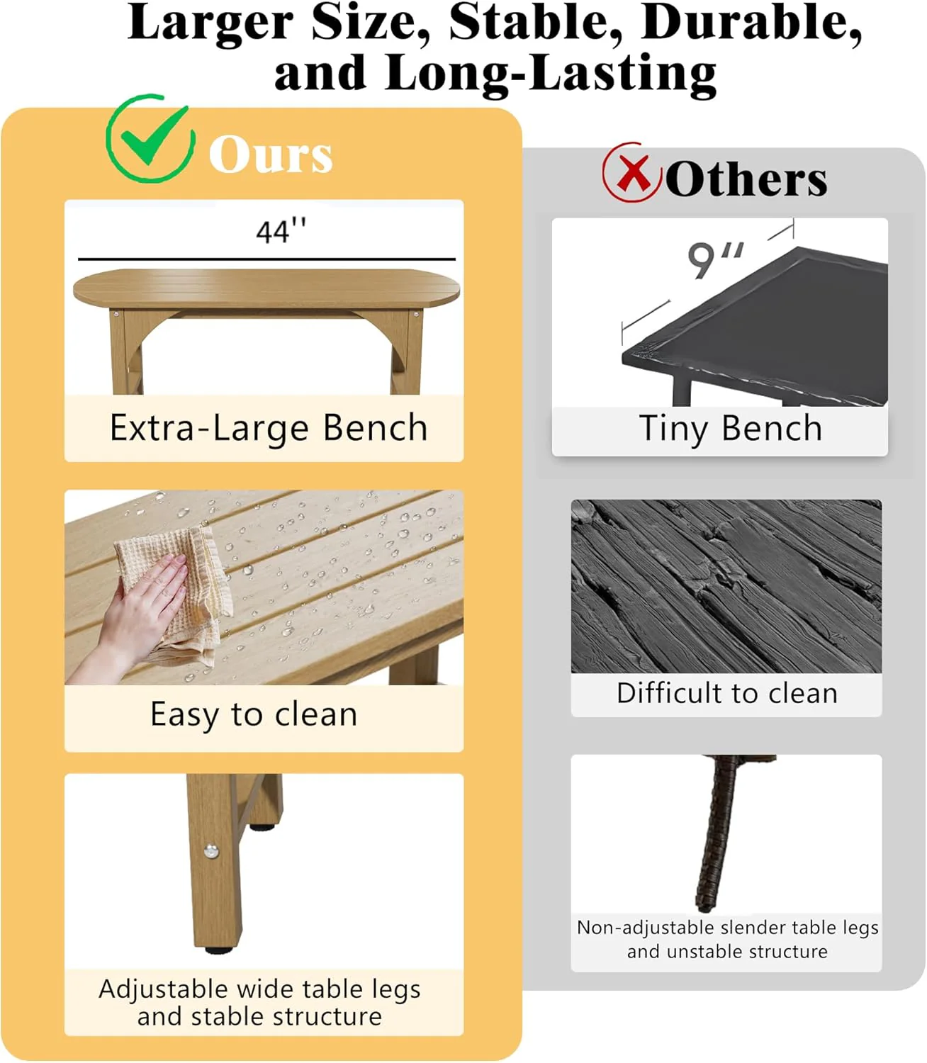 HIPS Patio Garden Bench Furniture,Shower Chair,All Weather Used 2-Person Park Bench with Wood Grains for Lawn，Porch, Garden,Backyard，Entryway,Outside，Easy Assembly (Wood) - Image 3