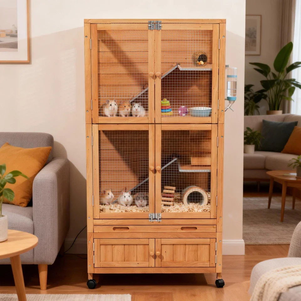 Natural Wooden Hamster Cage - Rolling Habitat with Storage Shelf & Hideouts - Image 2