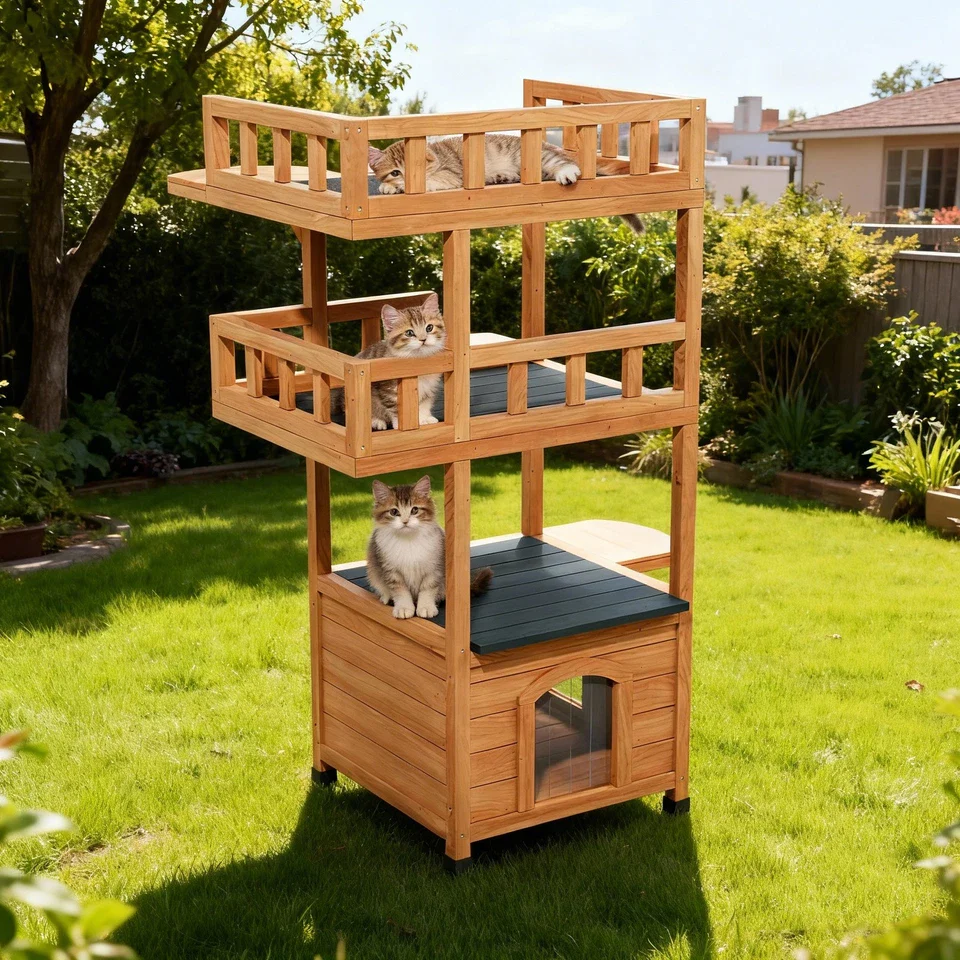 Outdoor Wooden Cat House - Shelter with Escape Door for Feral Cats & Kittens - Image 2