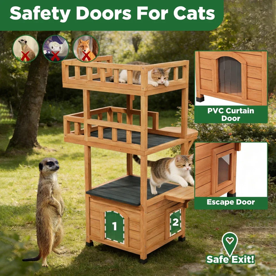 Outdoor Wooden Cat House - Shelter with Escape Door for Feral Cats & Kittens - Image 7