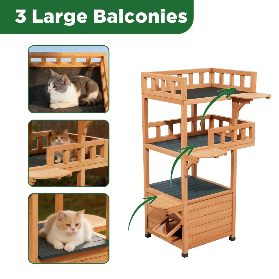 Outdoor Wooden Cat House - Shelter with Escape Door for Feral Cats & Kittens - Image 8