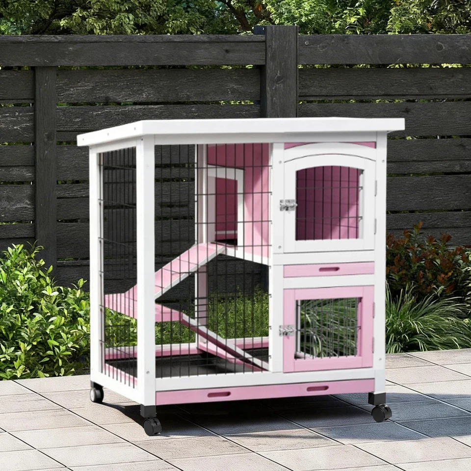 Rabbit Hutch with Wheels & Pull-Out Tray - Wooden Bunny Guinea Pig House - Image 2