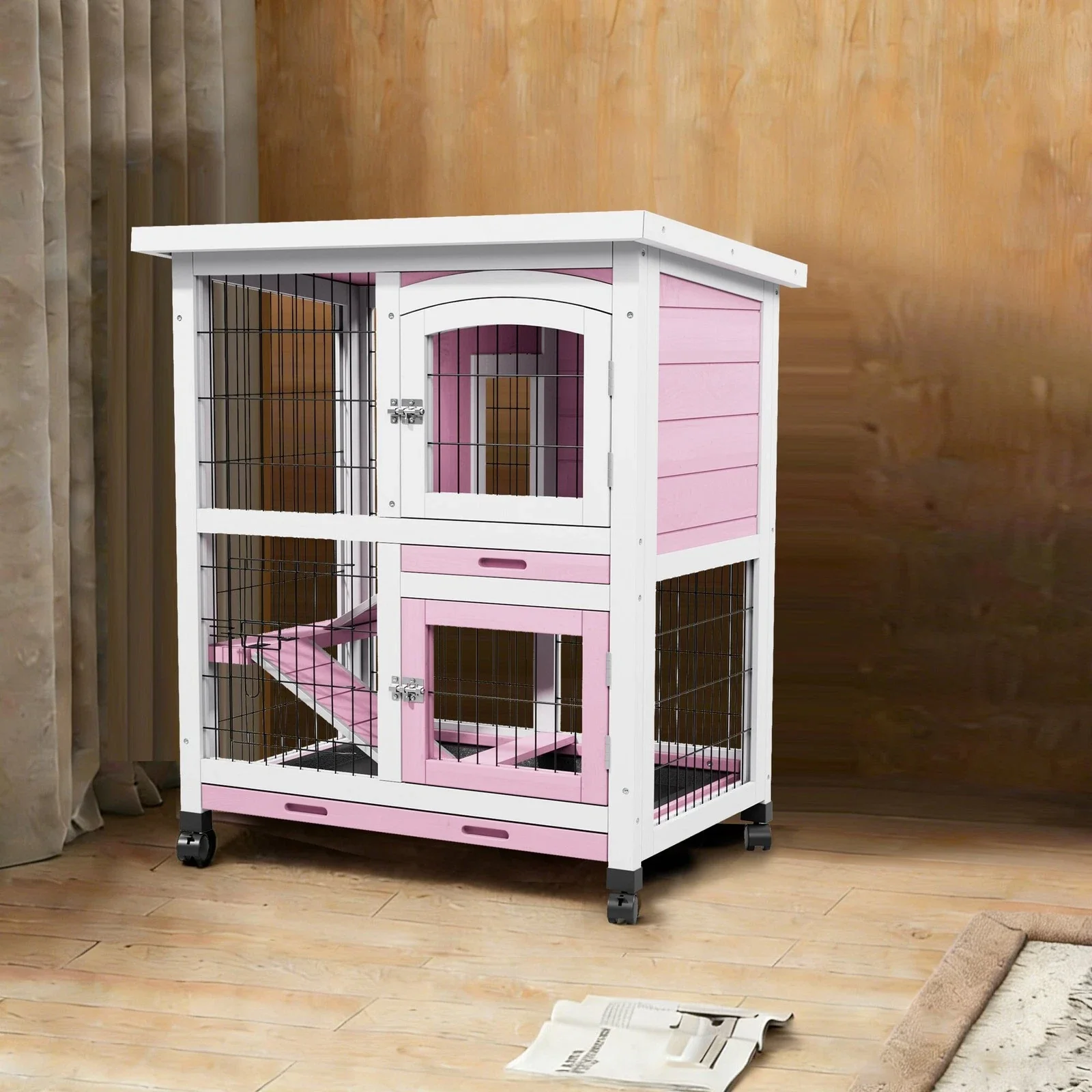 Rabbit Hutch with Wheels & Pull-Out Tray - Wooden Bunny Guinea Pig House - Image 3