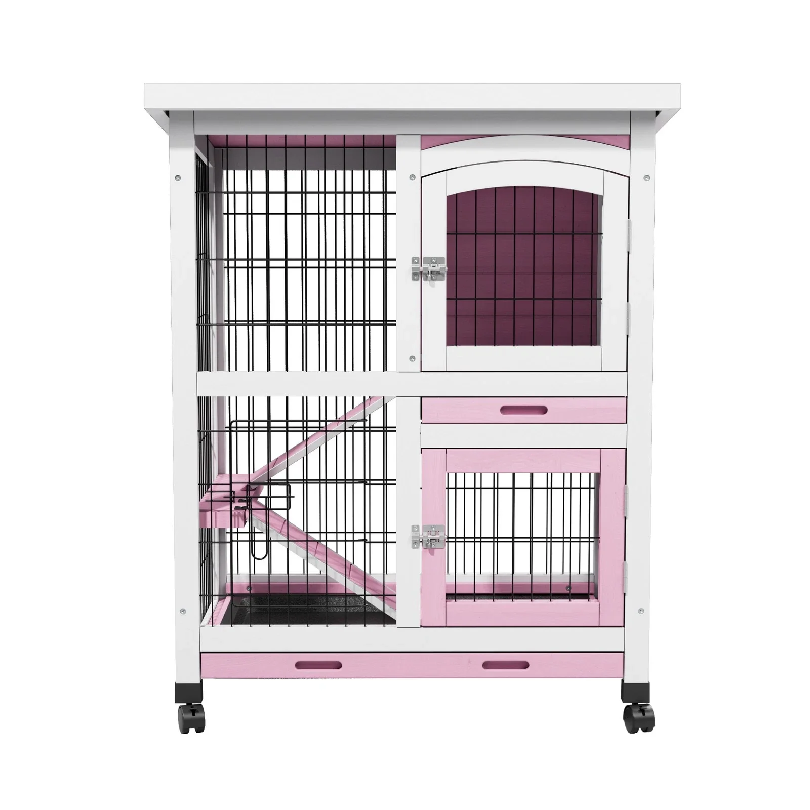 Rabbit Hutch with Wheels & Pull-Out Tray - Wooden Bunny Guinea Pig House - Image 4