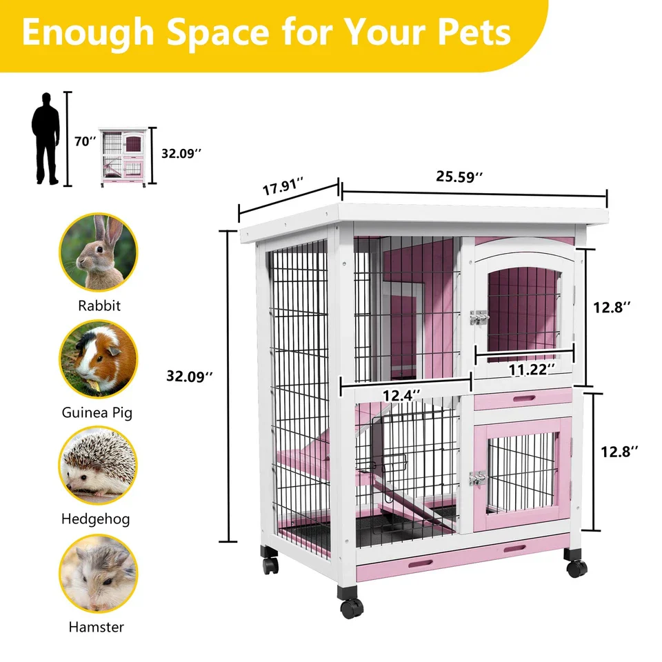 Rabbit Hutch with Wheels & Pull-Out Tray - Wooden Bunny Guinea Pig House - Image 5