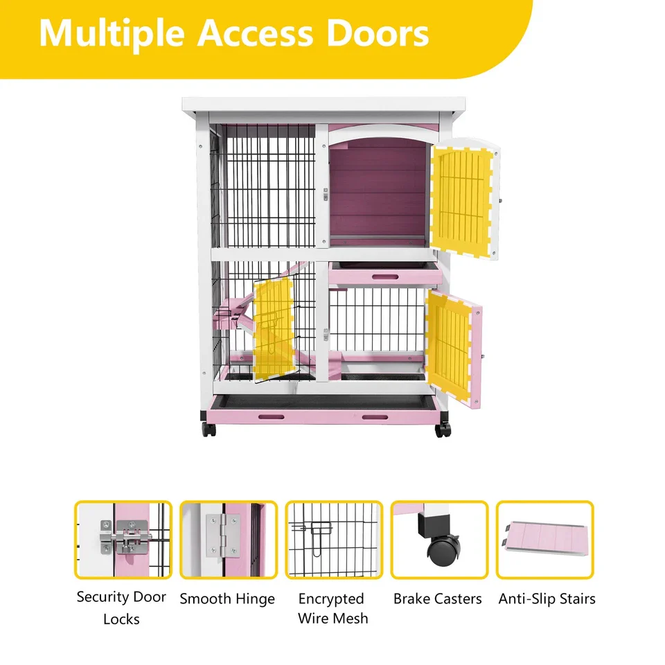 Rabbit Hutch with Wheels & Pull-Out Tray - Wooden Bunny Guinea Pig House - Image 6