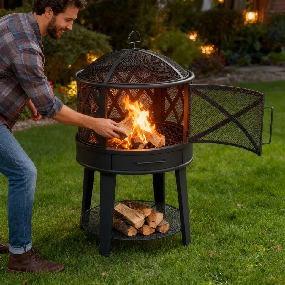 Wood Burning Fire Pit & BBQ Grill with Cover & Poker - Outdoor for Patio 2-in-1 - Image 3