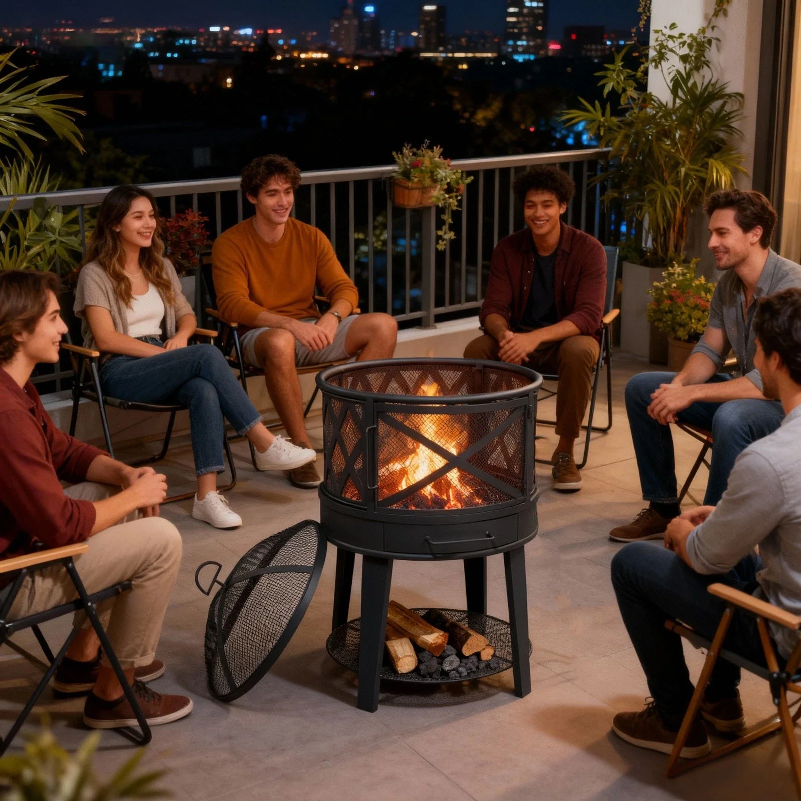 Wood Burning Fire Pit & BBQ Grill with Cover & Poker - Outdoor for Patio 2-in-1 - Image 4