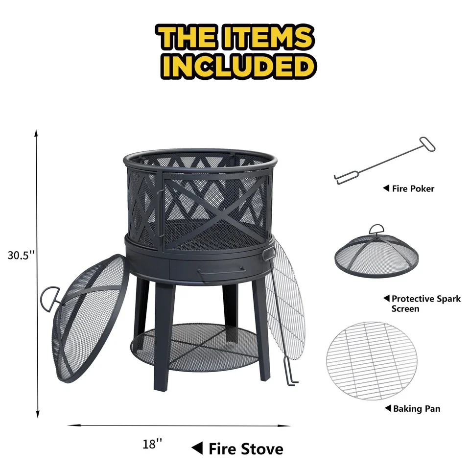 Wood Burning Fire Pit & BBQ Grill with Cover & Poker - Outdoor for Patio 2-in-1 - Image 5