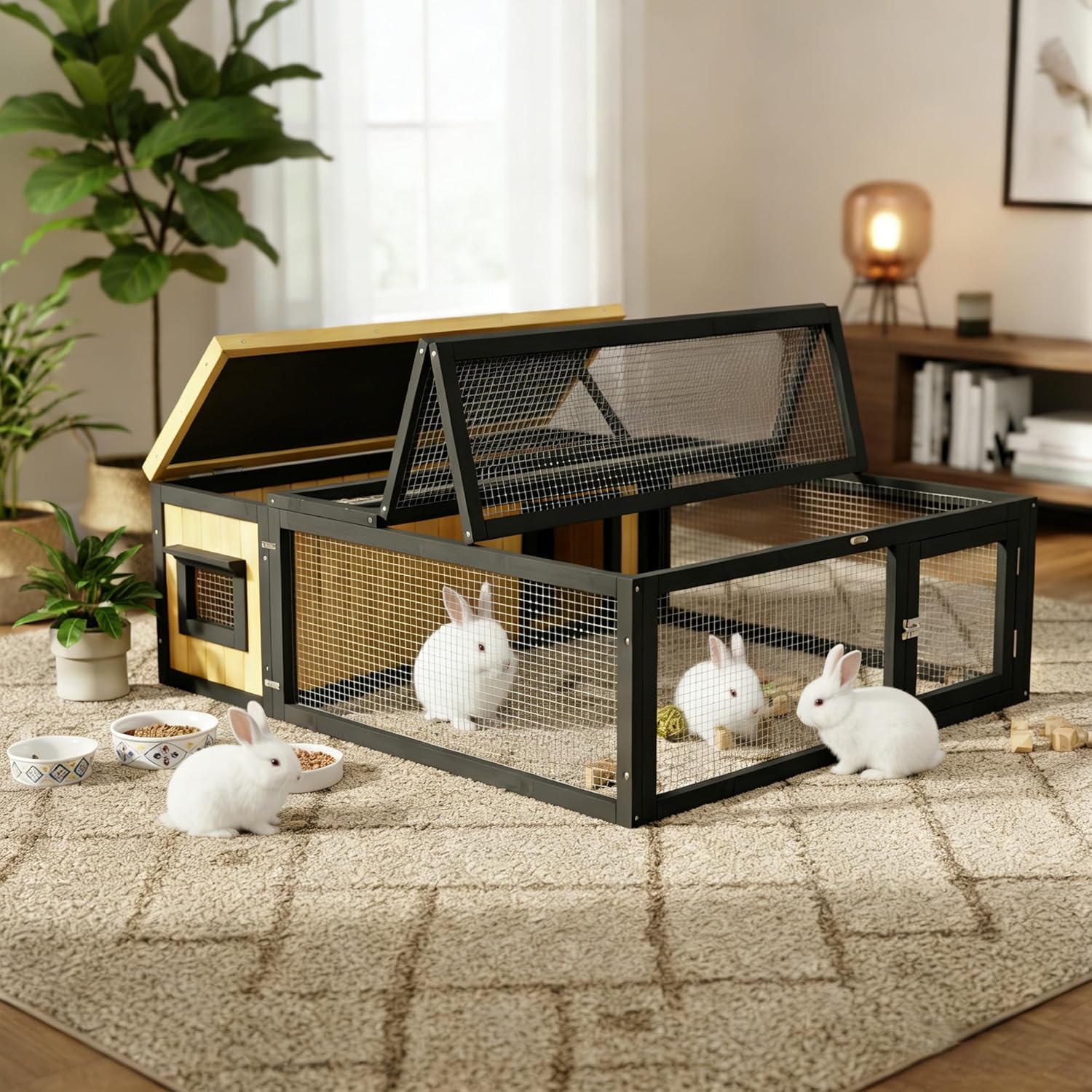 Wooden Rabbit Hutch with Waterproof Roof Openable Top Outdoor/Indoor Bunny Cage, Expandable Playpen for Chicken, Quail, Guinea Pigs (Yellow)